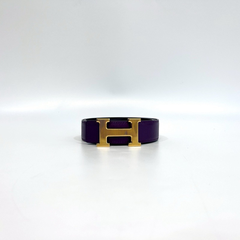HERMES 59葡萄紫Togo皮內拚Box皮H Strie金釦皮帶-3