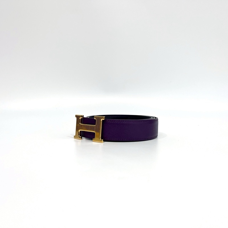 HERMES 59葡萄紫Togo皮內拚Box皮H Strie金釦皮帶-4