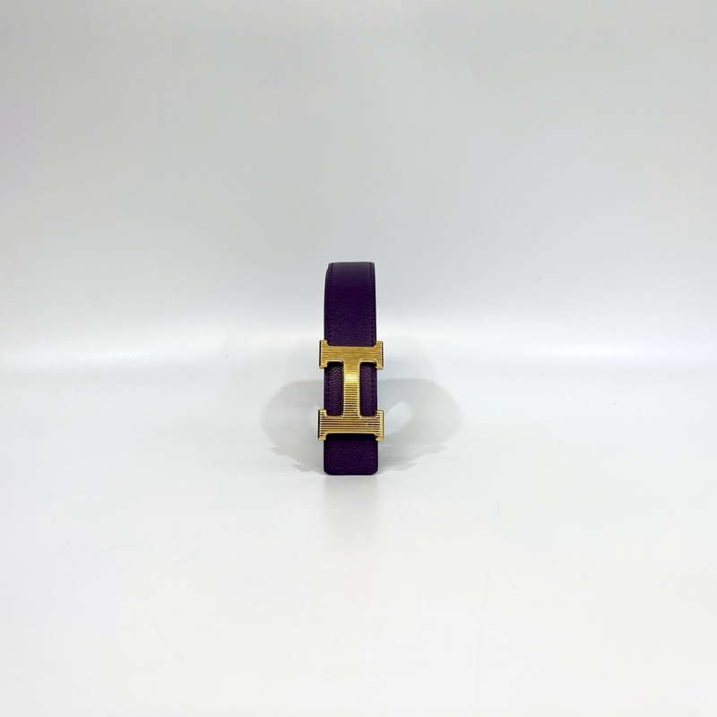 HERMES 59葡萄紫Togo皮內拚Box皮H Strie金釦皮帶-5
