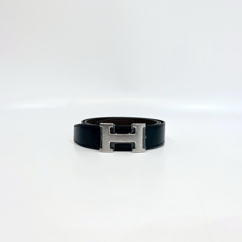 HERMES黑拚巧克力色TOGO皮 H 銀釦皮帶-3