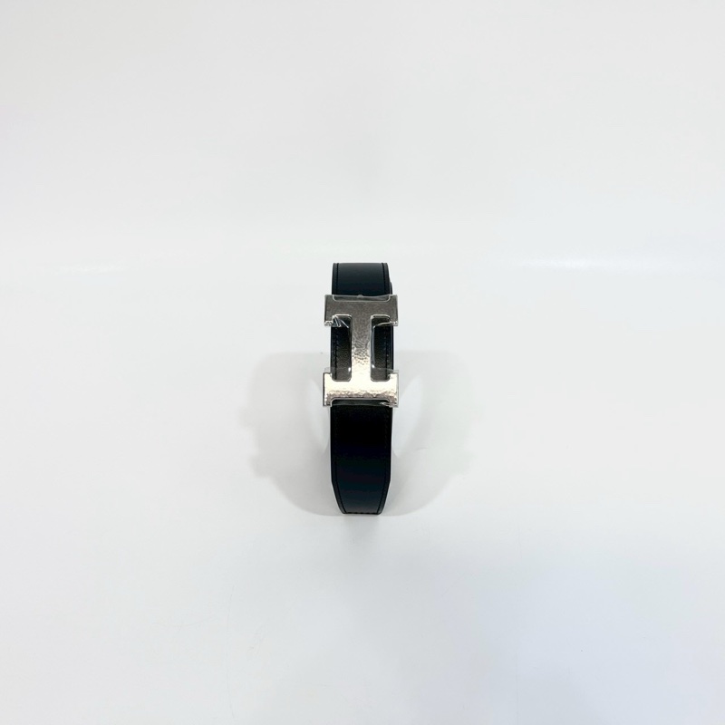 HERMES黑拚巧克力色TOGO皮 H 銀釦皮帶-5