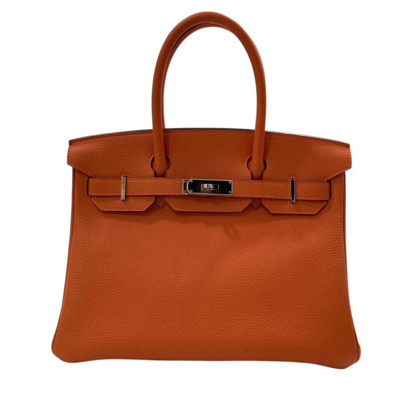 HERMES 愛馬仕 BIRKIN30 R刻 皮革 手提包 橘色 銀釦-0