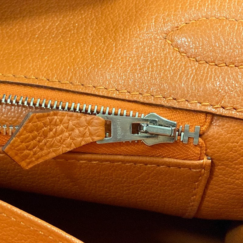 HERMES 愛馬仕 BIRKIN30 R刻 皮革 手提包 橘色 銀釦-8