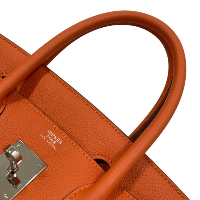 HERMES 愛馬仕 BIRKIN30 R刻 皮革 手提包 橘色 銀釦-16
