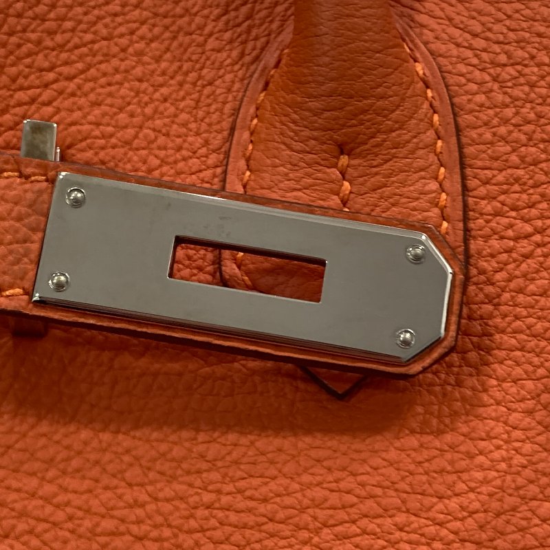 HERMES 愛馬仕 BIRKIN30 R刻 皮革 手提包 橘色 銀釦-18
