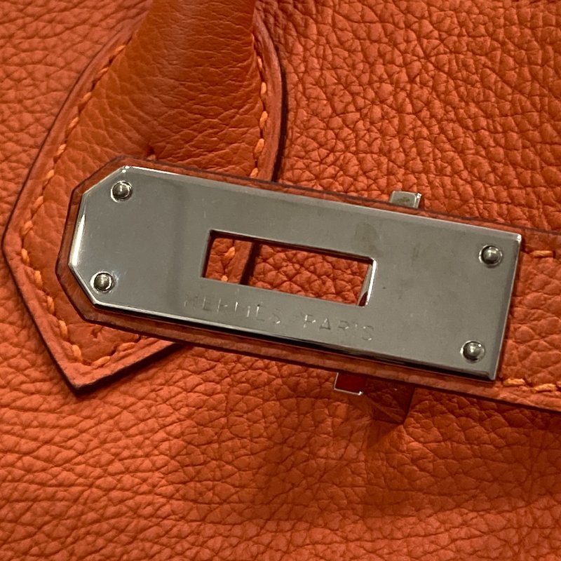 HERMES 愛馬仕 BIRKIN30 R刻 皮革 手提包 橘色 銀釦-19