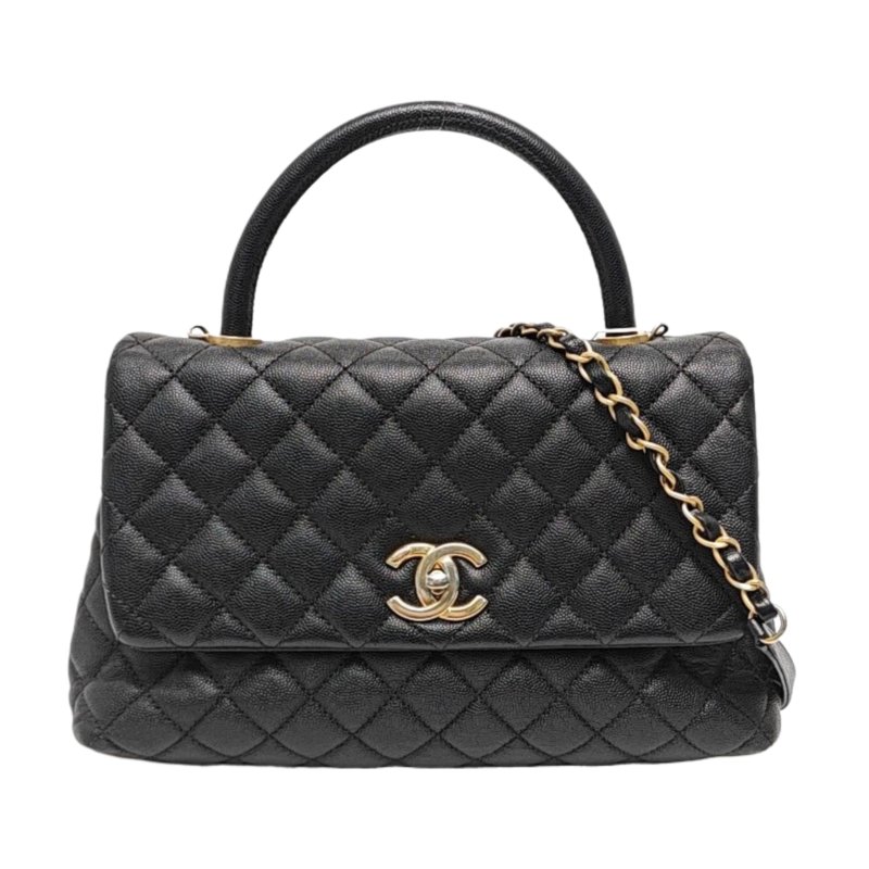 CHANEL COCO HANDLE 中號 黑色荔枝紋牛皮菱格紋絎縫單肩包手提包斜挎包 金色五金 25開 可拆卸肩帶-0