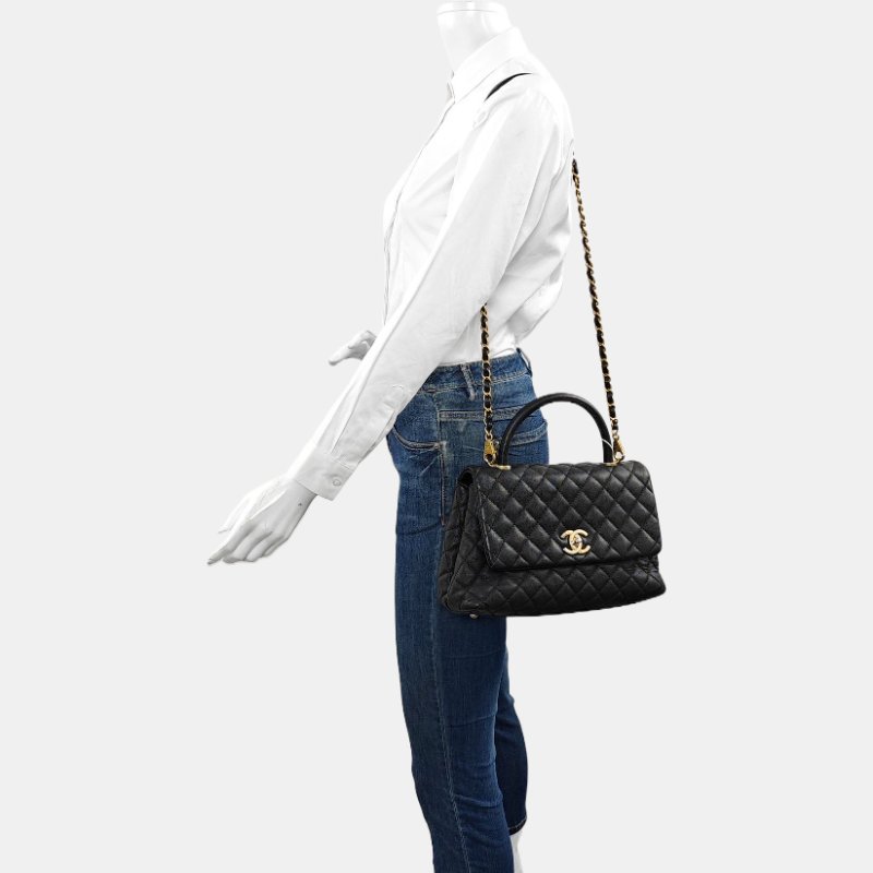 CHANEL COCO HANDLE 中號 黑色荔枝紋牛皮菱格紋絎縫單肩包手提包斜挎包 金色五金 25開 可拆卸肩帶-1