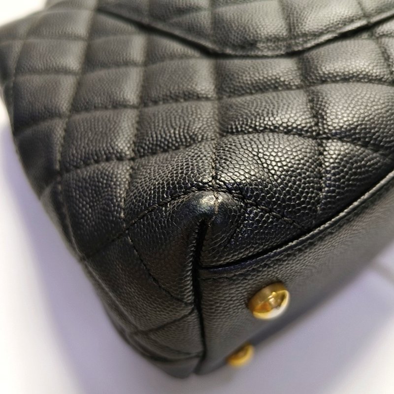 CHANEL COCO HANDLE 中號 黑色荔枝紋牛皮菱格紋絎縫單肩包手提包斜挎包 金色五金 25開 可拆卸肩帶-9
