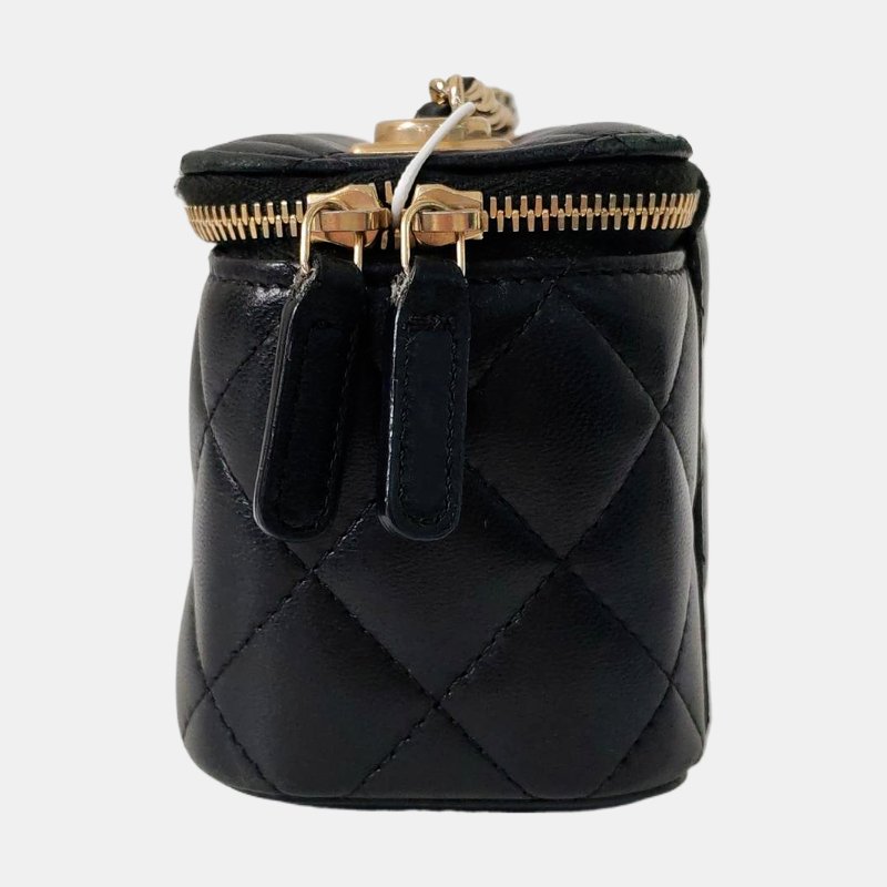 CHANEL 黑色羊皮菱格紋絎縫斜挎包 金色五金 29開-2