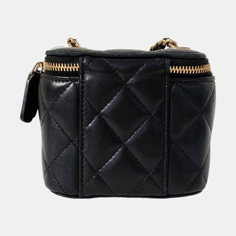 CHANEL 黑色羊皮菱格紋絎縫斜挎包 金色五金 29開-4