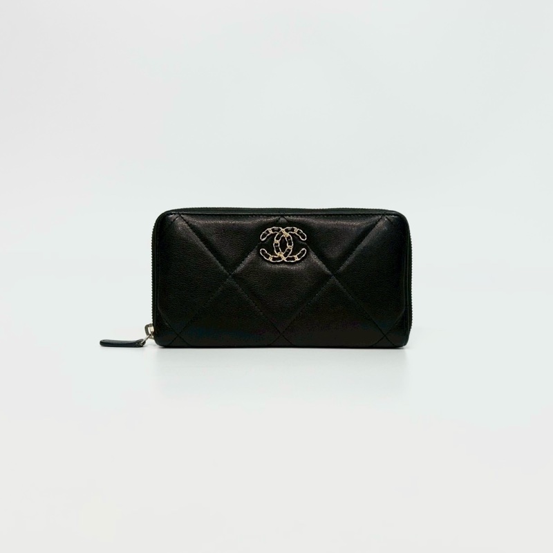 CHANEL黑金羊皮19桃紅內裡ㄇ拉長夾-0