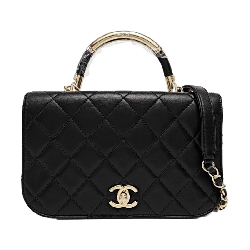 CHANEL 黑色羊皮菱格紋絎縫單肩包 金色五金 23開-0