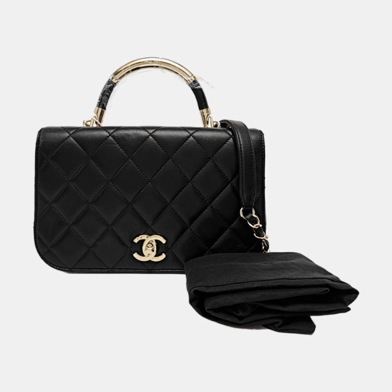 CHANEL 黑色羊皮菱格紋絎縫單肩包 金色五金 23開-7