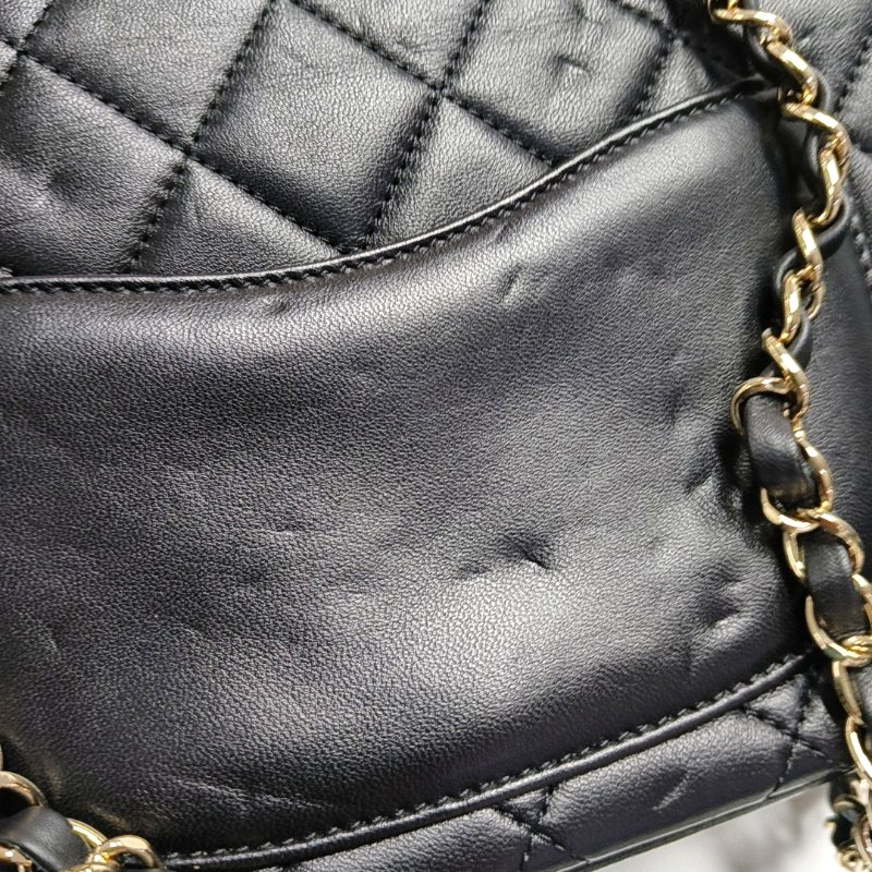 CHANEL 黑色羊皮菱格紋絎縫單肩包 金色五金 23開-13