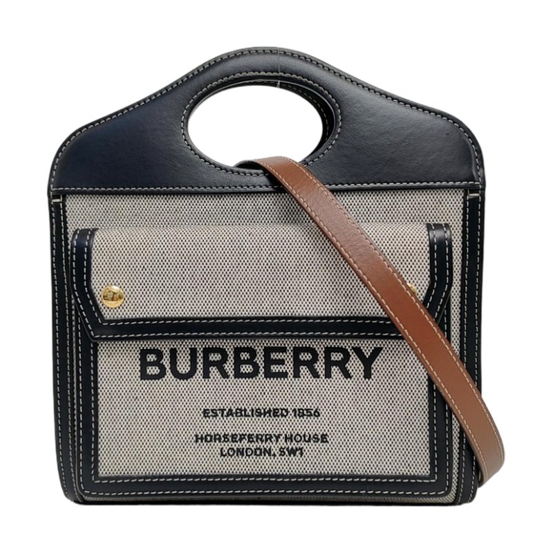 BURBERRY Pocket 迷你灰色織物印花單肩包 金色五金 可拆卸肩帶-0