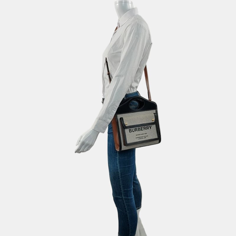 BURBERRY Pocket 迷你灰色織物印花單肩包 金色五金 可拆卸肩帶-1