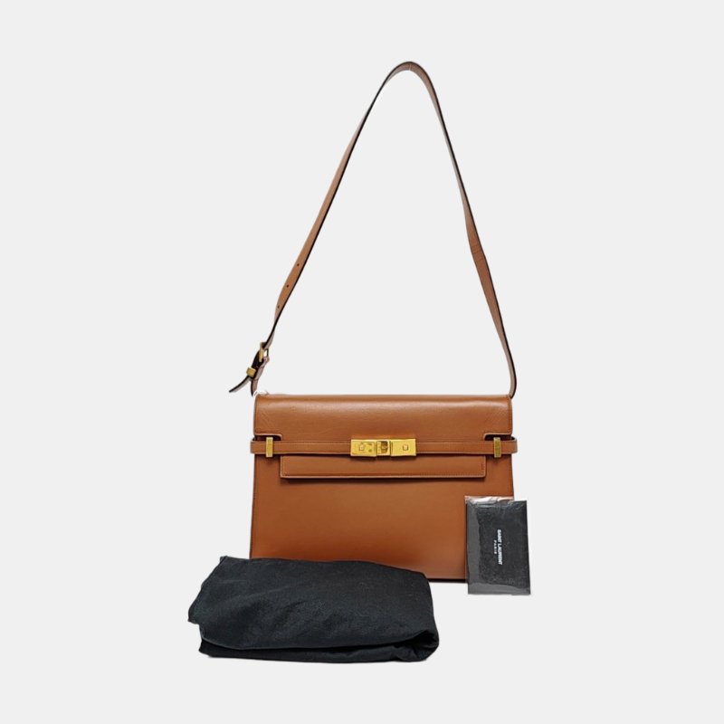 YSL MANHATTAN 棕色牛皮曼哈頓包單肩包 金色五金 可拆卸肩帶-7