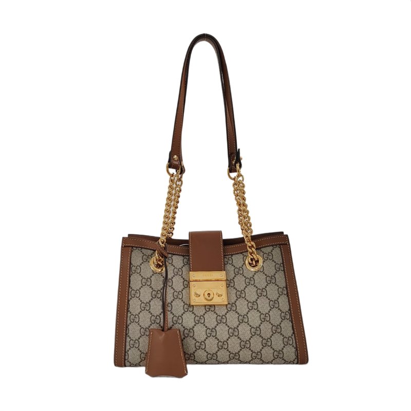 GUCCI Padlock 小號 卡其色塗層帆布老花單肩包手提包 金色五金-0