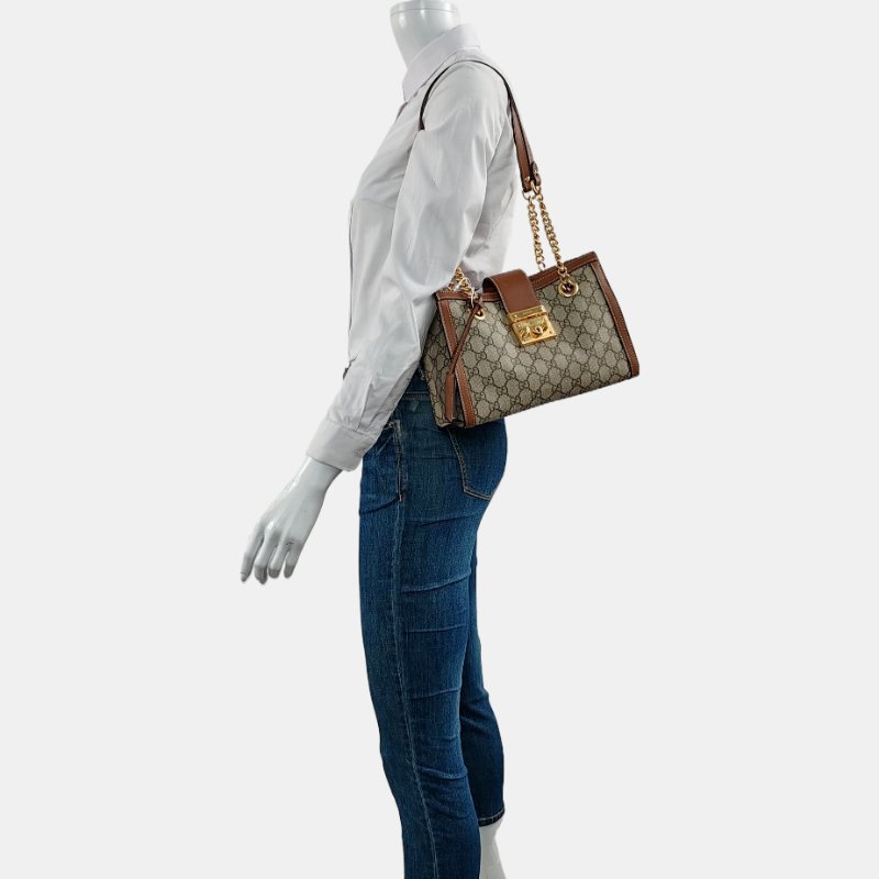 GUCCI Padlock 小號 卡其色塗層帆布老花單肩包手提包 金色五金-1