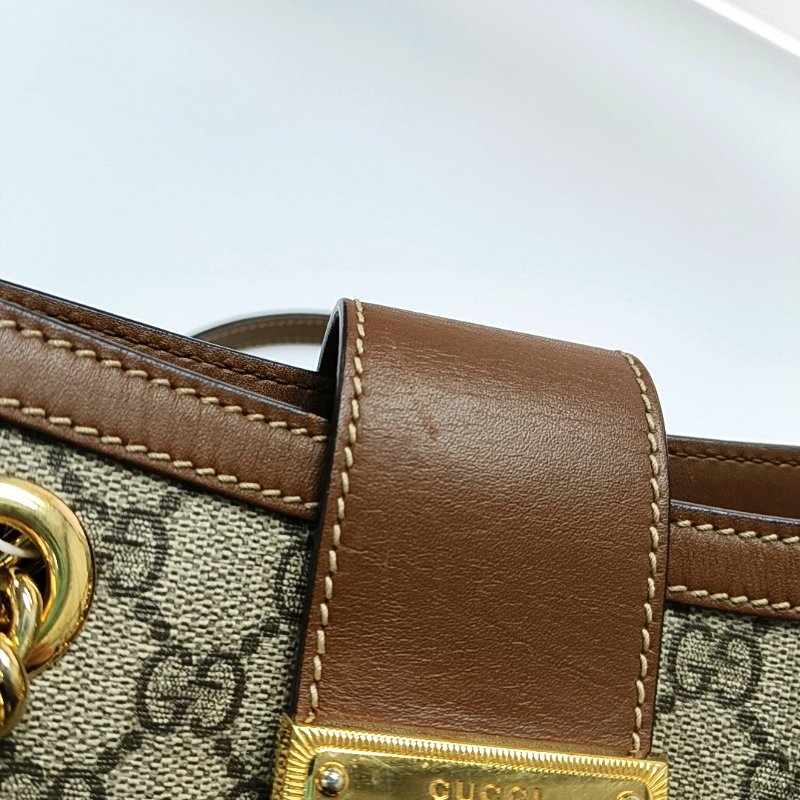 GUCCI Padlock 小號 卡其色塗層帆布老花單肩包手提包 金色五金-7