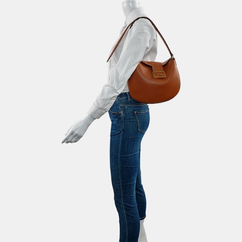 FENDI 小號 棕色牛皮單肩包 金色五金 9.8新-1