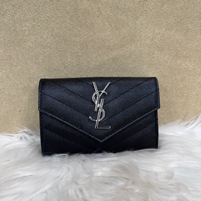 YSL 黑魚子醬銀釦小型信封錢包 全新離櫃-0
