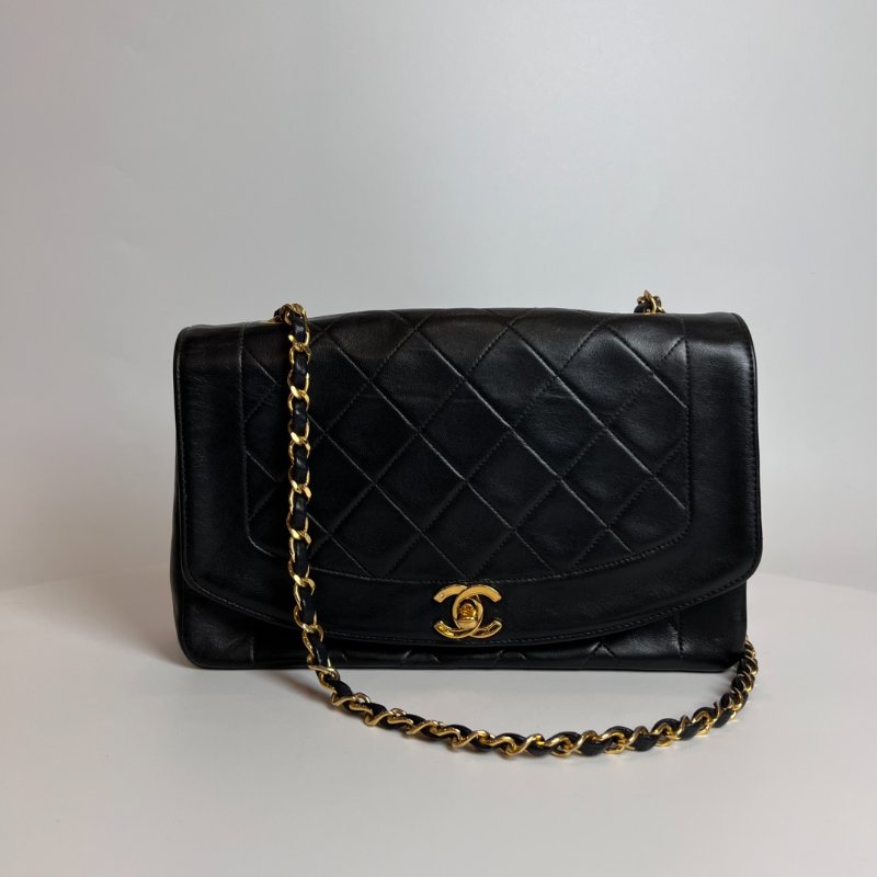 CHANEL 2開 黑金羊皮黛妃包 VINTAGE-0