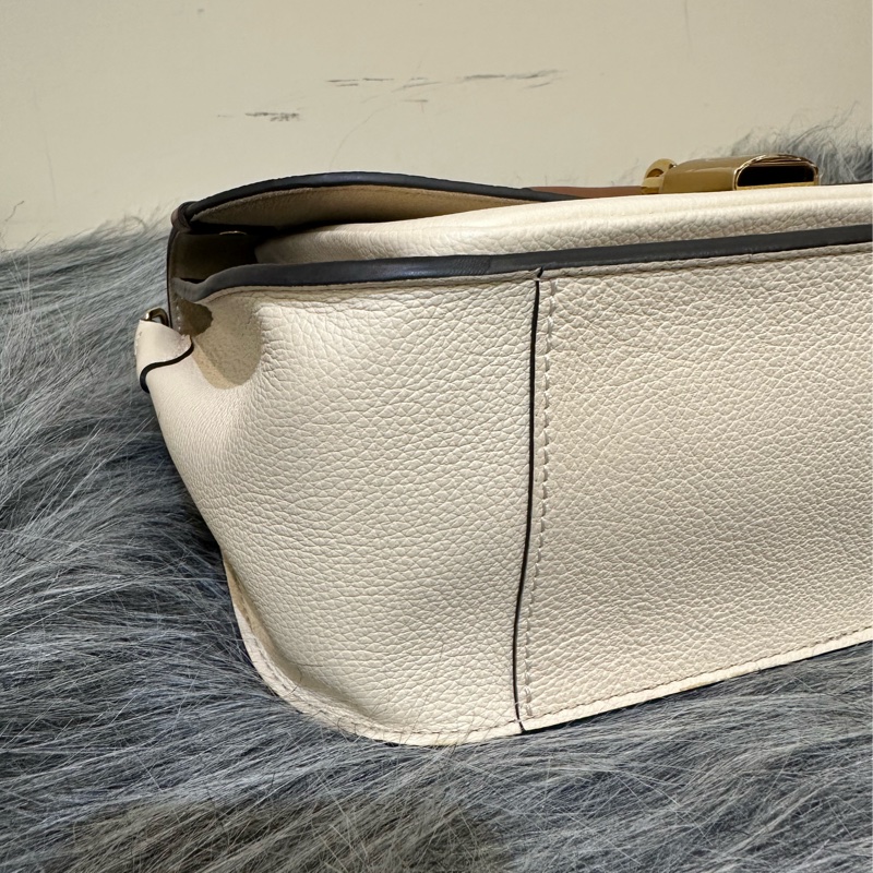 LV 原花拚米白牛皮金釦鎖頭Vaugirard PM下蓋磁吸手提斜背包M44353-5