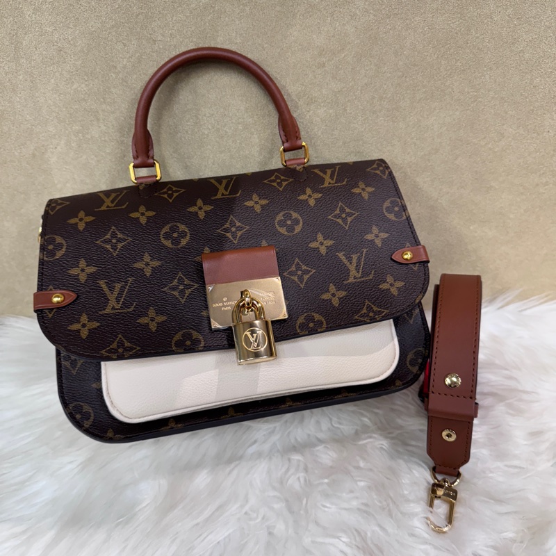 LV Vaugirard PM 老花拼米白牛皮手提斜背包 近全新-0