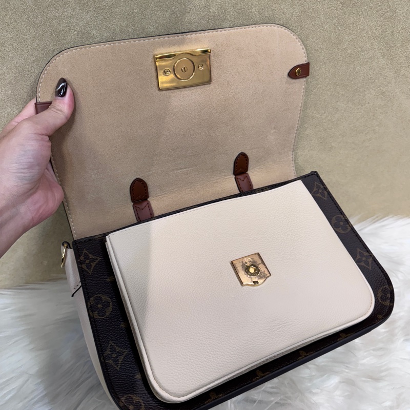 LV Vaugirard PM 老花拼米白牛皮手提斜背包 近全新-8
