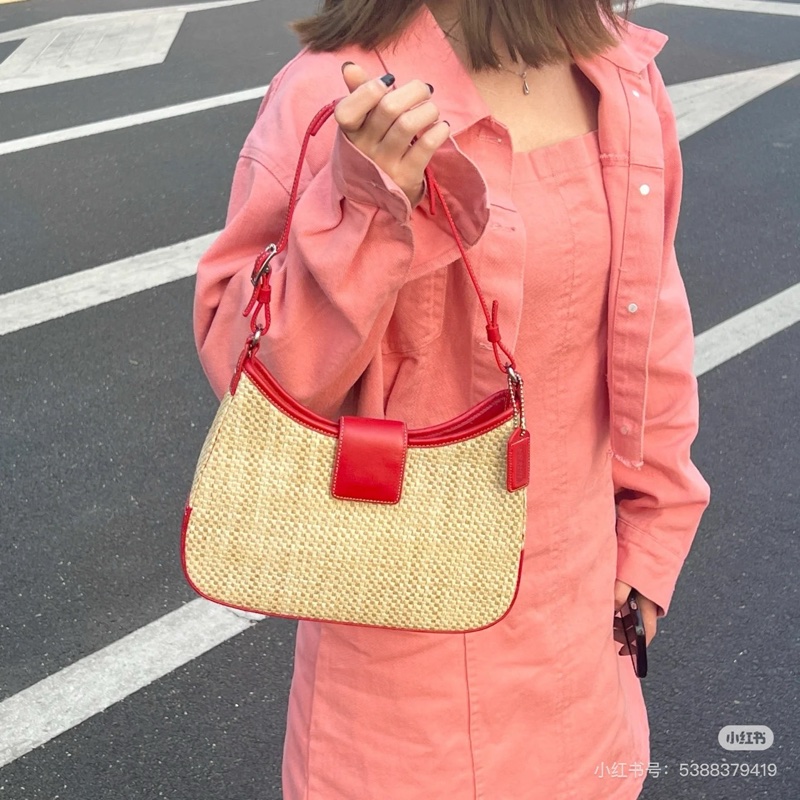 莉亞精品♡ Coach 紅皮革草編包 手提 二手美包-1
