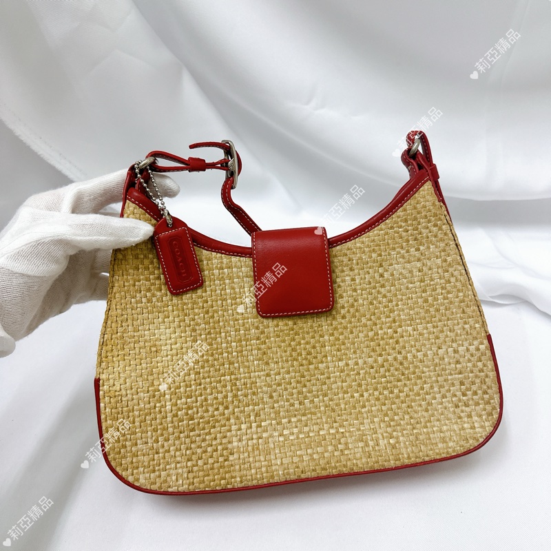 莉亞精品♡ Coach 紅皮革草編包 手提 二手美包-2