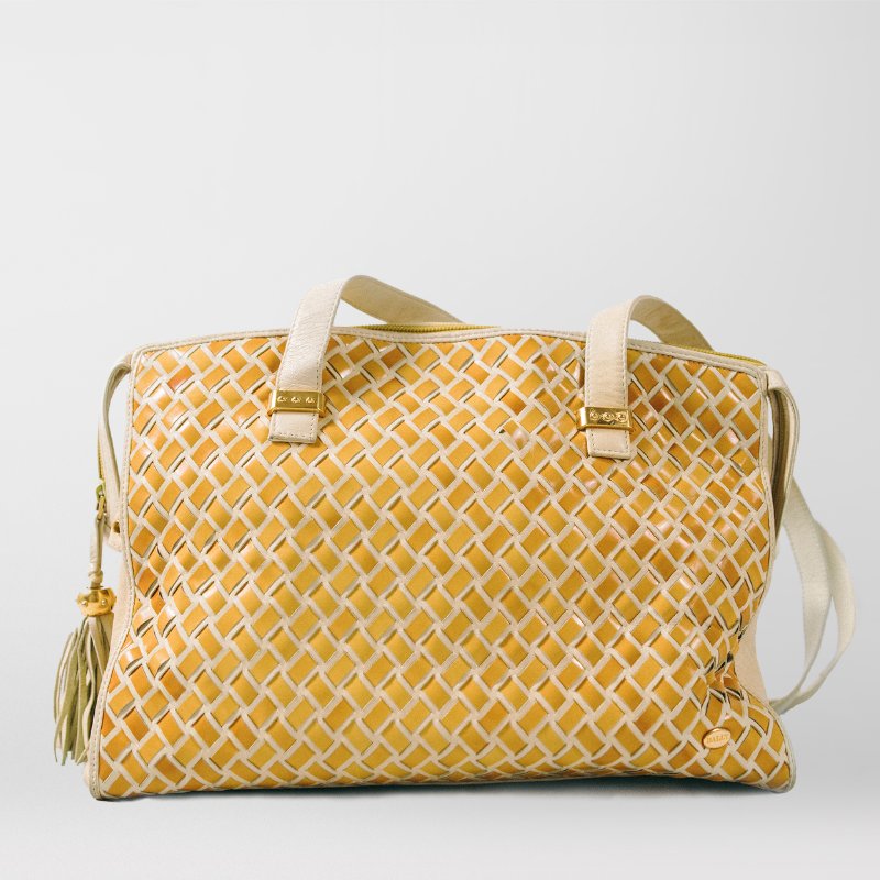 🧠小浮気見世物小屋🧠義大利製🇮🇹BALLY 交錯編織真皮肩/手提流蘇vintage包｜蜂蜜黃 × 經典奶油白-5
