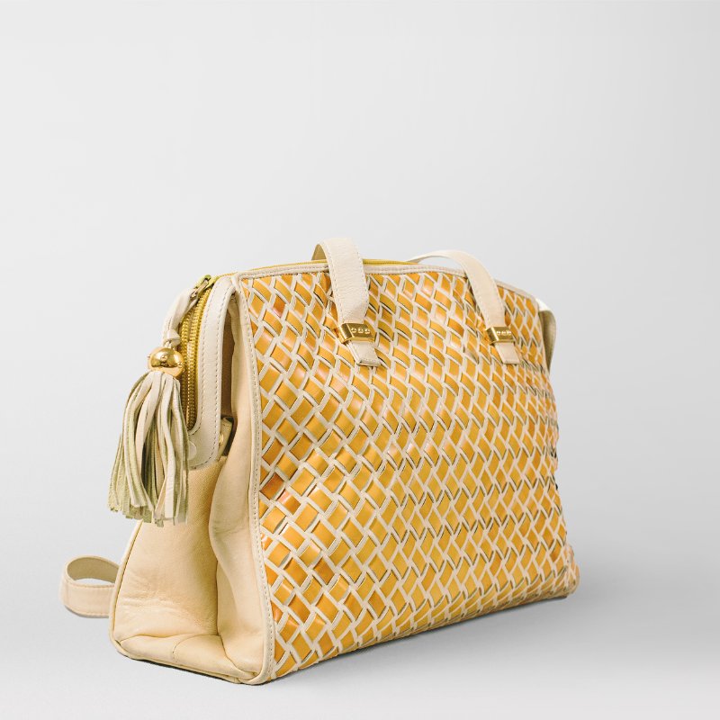 🧠小浮気見世物小屋🧠義大利製🇮🇹BALLY 交錯編織真皮肩/手提流蘇vintage包｜蜂蜜黃 × 經典奶油白-6