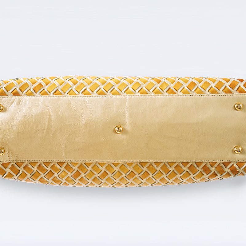 🧠小浮気見世物小屋🧠義大利製🇮🇹BALLY 交錯編織真皮肩/手提流蘇vintage包｜蜂蜜黃 × 經典奶油白-7