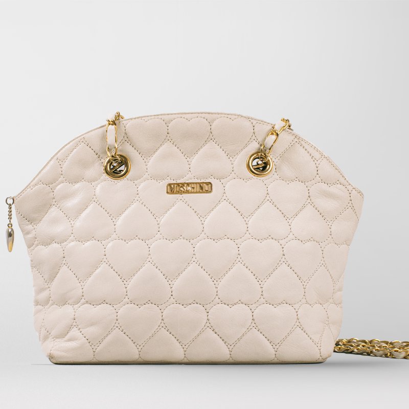 🧠小浮気見世物小屋🧠義大利製🇮🇹MOSCHINO 絎縫鍊條肩背包｜奶油白真皮 × 金色五金愛心-4