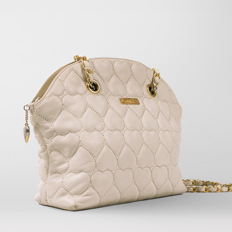 🧠小浮気見世物小屋🧠義大利製🇮🇹MOSCHINO 絎縫鍊條肩背包｜奶油白真皮 × 金色五金愛心-6