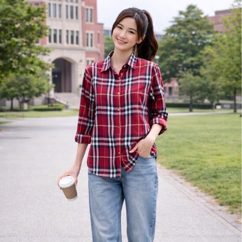 Burberry 倫敦 紅格紋七分袖襯衫-9