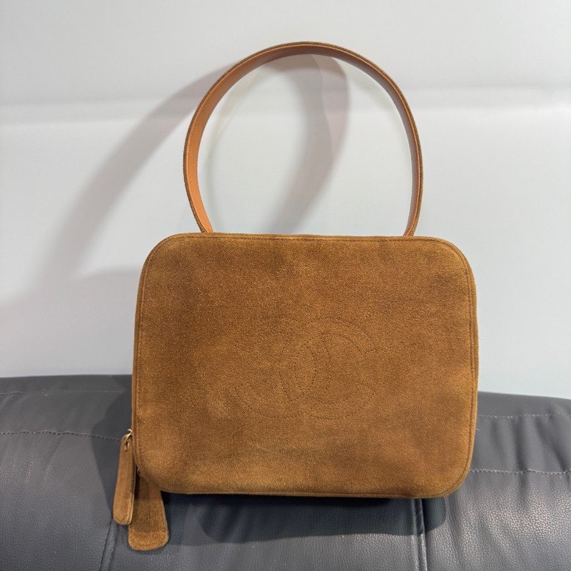 Chanel中古泰迪棕色麂皮盒子包手提包 vintage泰迪mini plume-1