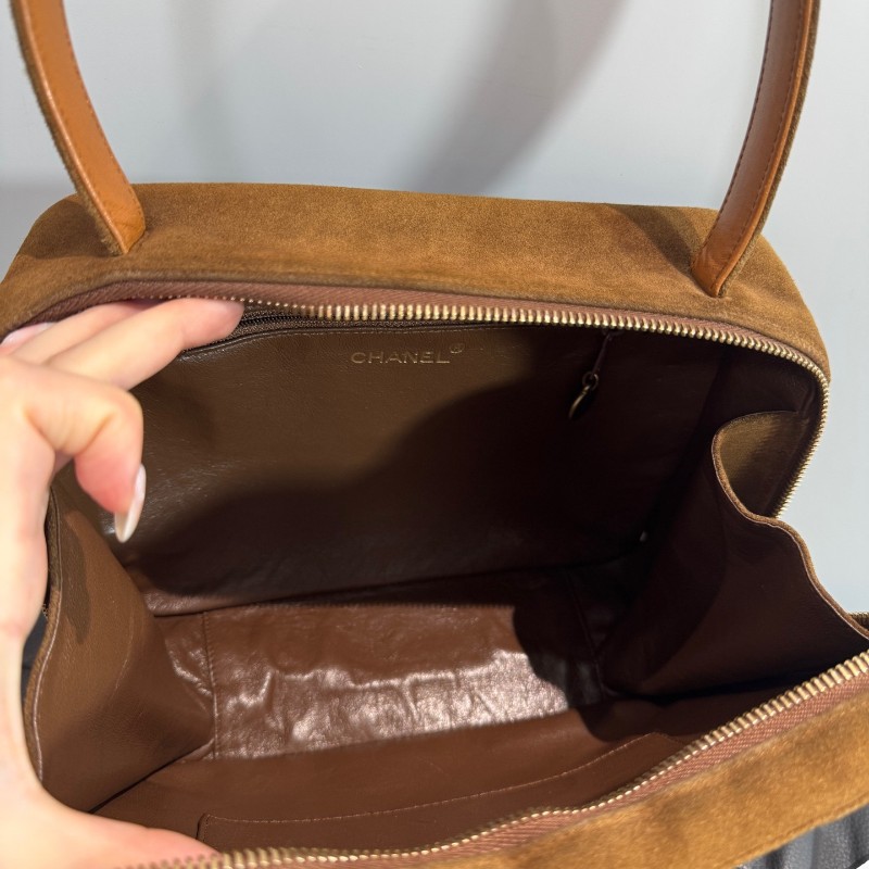 Chanel中古泰迪棕色麂皮盒子包手提包 vintage泰迪mini plume-7