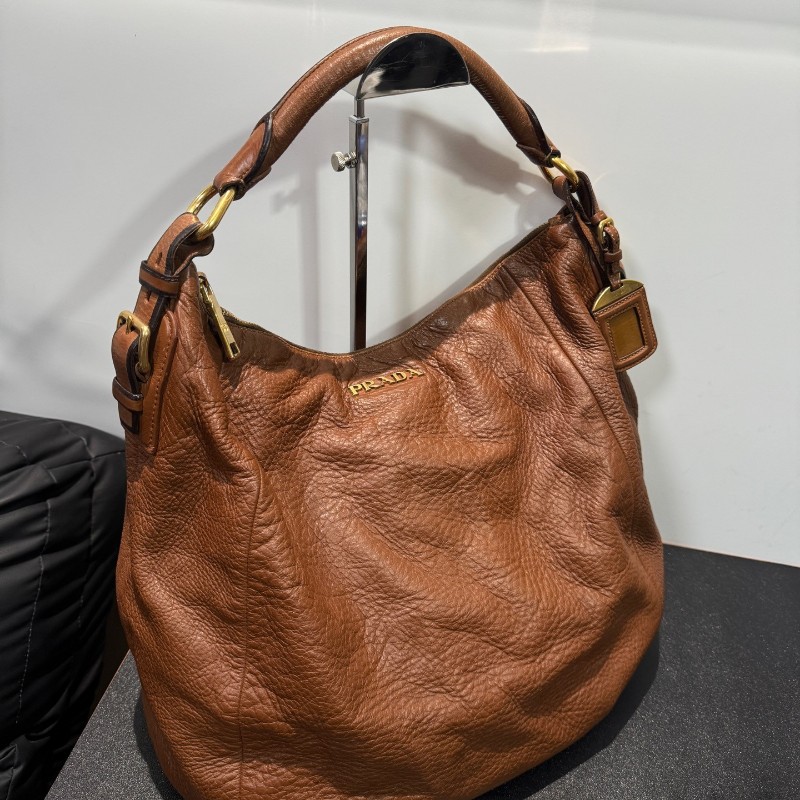 Prada 棕色全皮hobo肩背包-7