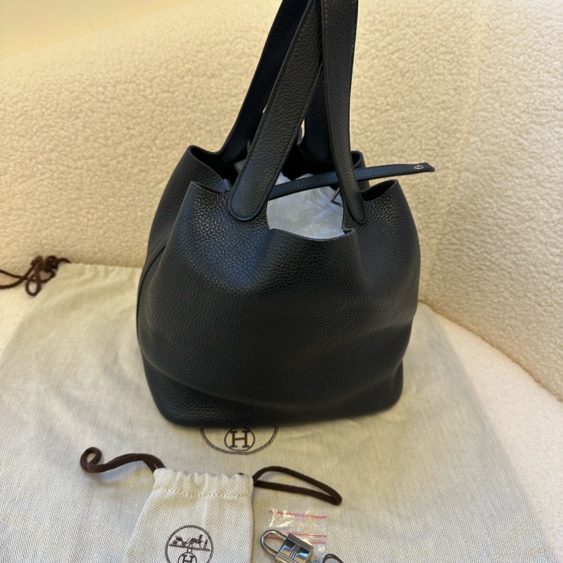 HERMES愛馬仕 黑銀菜籃子22手提包 👜A刻-11