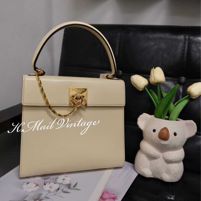 Celine Leather Hand Bag 賽琳奶油白中古Kelly懷表扣手提包-0