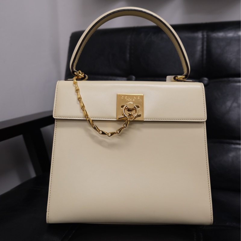 Celine Leather Hand Bag 賽琳奶油白中古Kelly懷表扣手提包-1