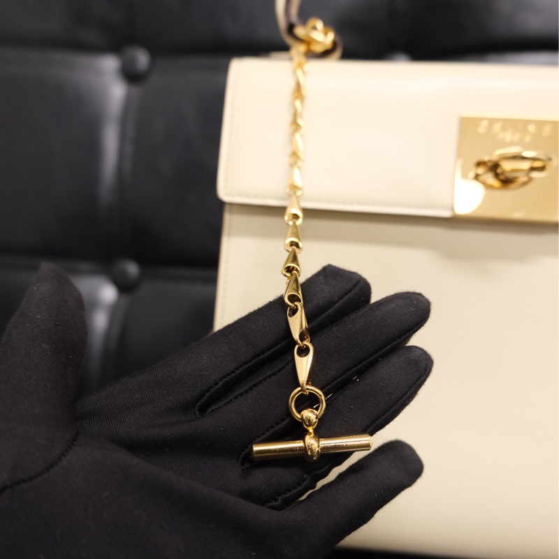 Celine Leather Hand Bag 賽琳奶油白中古Kelly懷表扣手提包-20