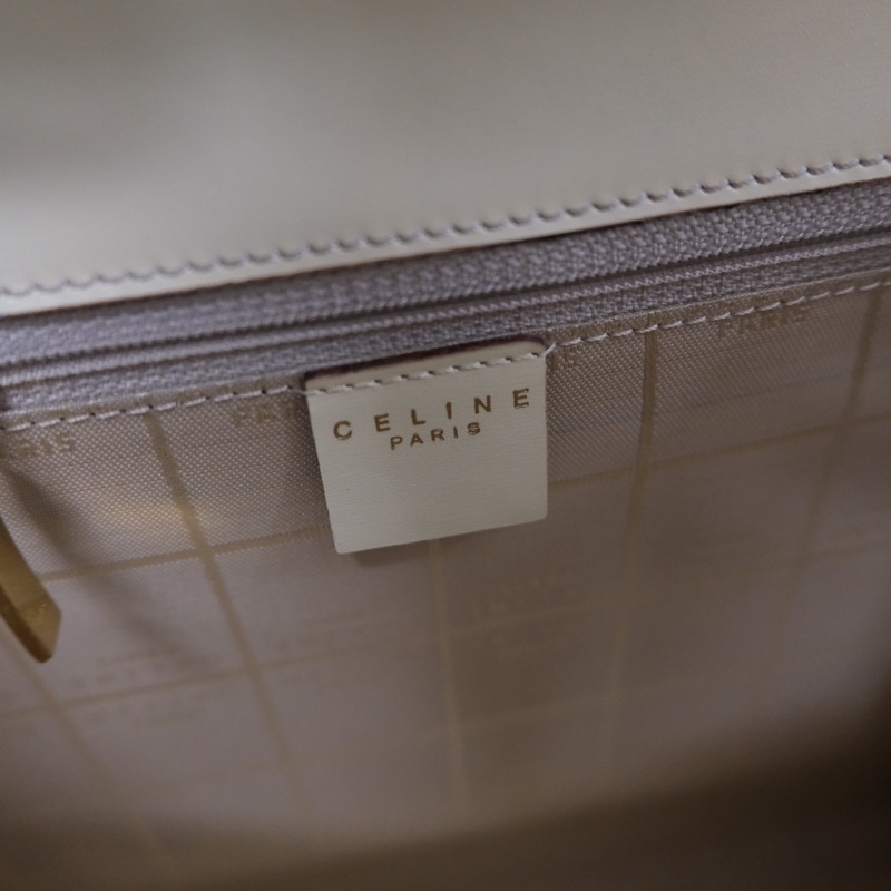 Celine Leather Hand Bag 賽琳奶油白中古Kelly懷表扣手提包-27