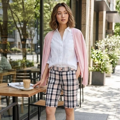 BURBERRY 藍標 粉格拉鏈口袋戰馬休閒短褲