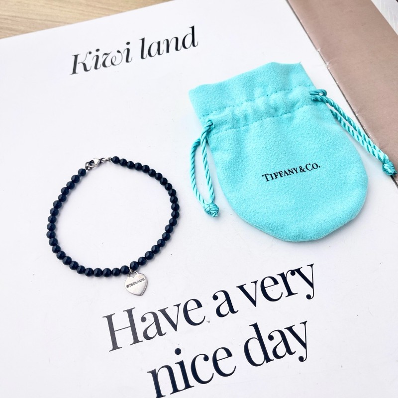 Tiffany 黑曜石925銀愛心吊墜手鍊 17cm-0