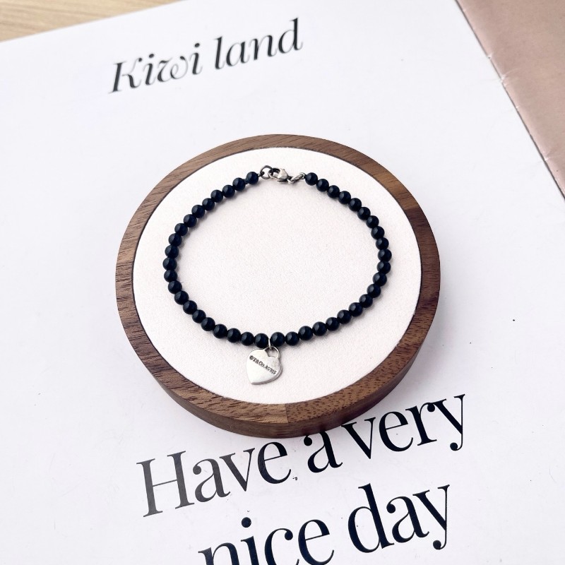 Tiffany 黑曜石925銀愛心吊墜手鍊 17cm-3